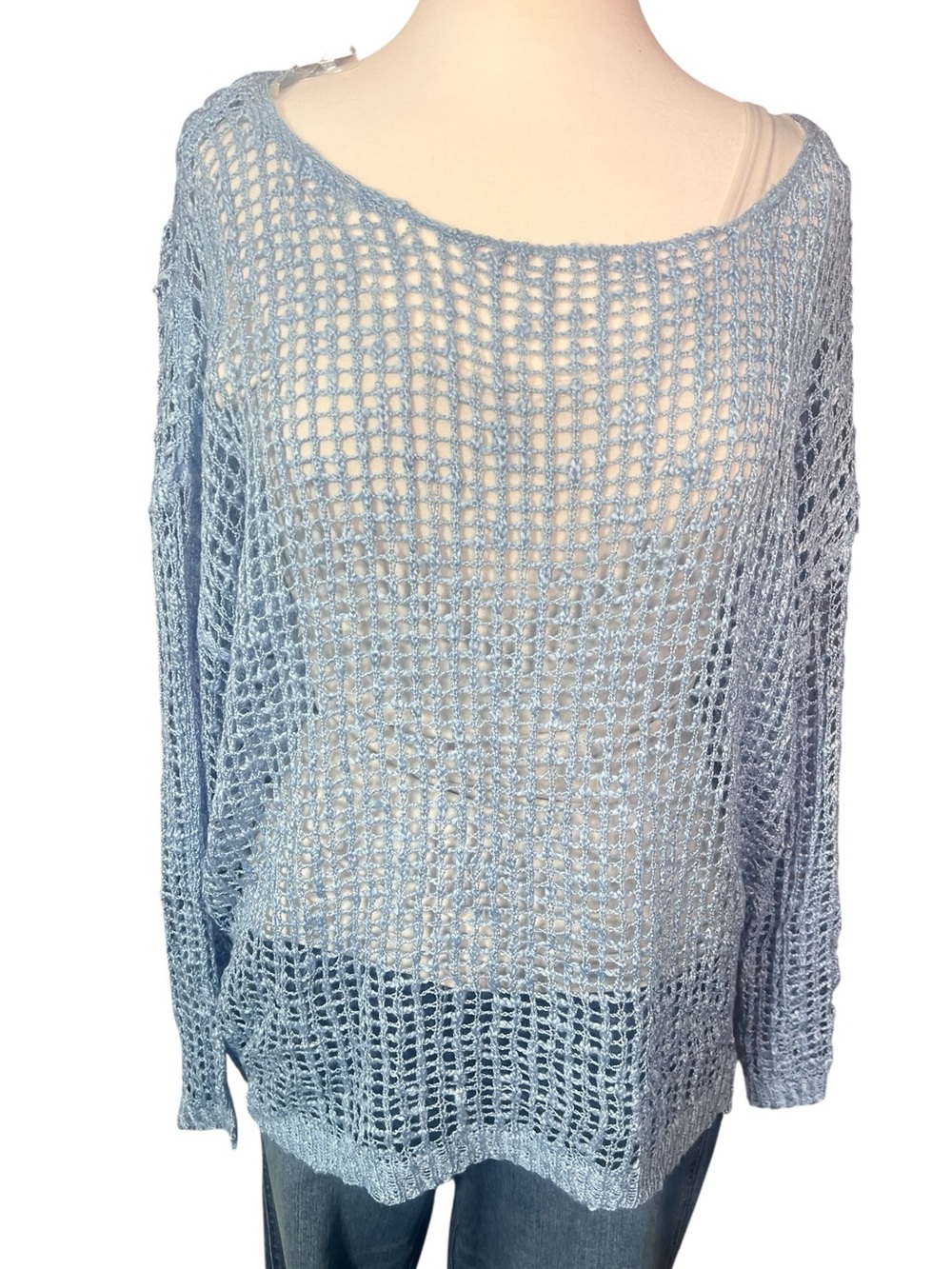 POL Sky Blue 26” Crochet Open Knit Long Sleeve Top